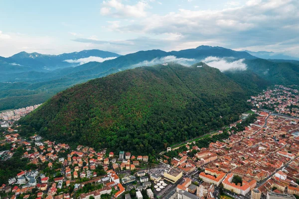 Aerial Drone View Brasov Romania Old City Traditional Buildings Hill — Stock Fotó