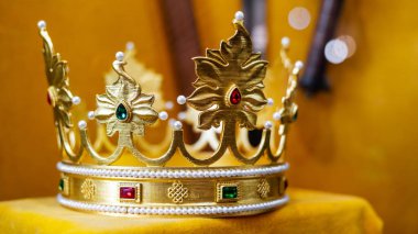 Exhibit in the museum of the Neamt Citadel, Romania. Close view of a golden crown