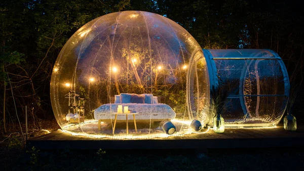 Transparent Bubble Tent Glamping Night Interior Yellow Illumination — Fotografia de Stock