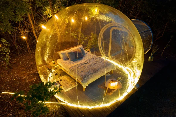 Transparent Bubble Tent Glamping Night Interior Yellow Illumination — Fotografia de Stock