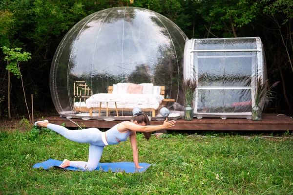 Transparent Bubble Tent Glamping Woman Doing Yoga Front Lush