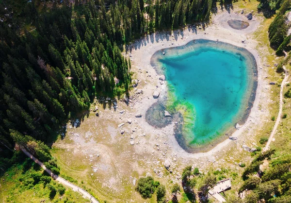 Dolomite Alps Italy Aerial Drone View Lake Carezza Blue Water — Foto Stock