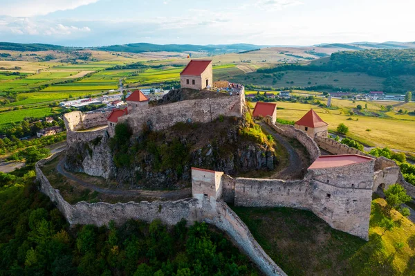 Aerial Drone View Rupea Fortress Sunset Romania Citadel Located Cliff — Fotografia de Stock
