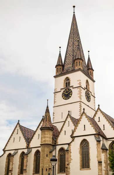 View of the Sibiu Lutheran Cathedral facade in Romania
