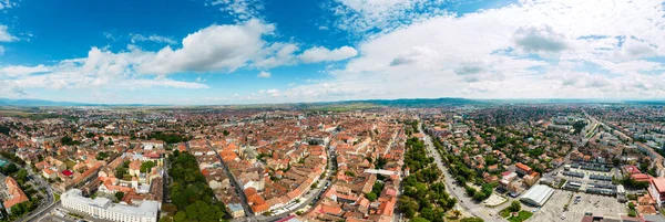 Aerial Drone Panoramic View Sibiu Centre Romania Cityscape Roads Old — Foto de Stock