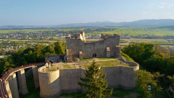 Letecký Pohled Neamtskou Citadelu Rumunském Targu Neamt Pevnost Turisty Vrcholu — Stock video