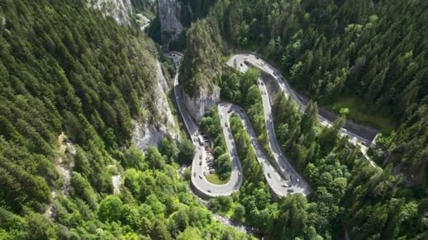 Aerial Drone View Nature Romania Carpathian Mountains Serpentine Road Cars — Stock video