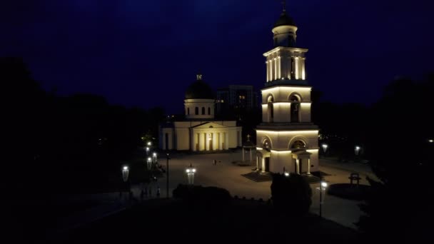 Vedere Aeriană Drone Chișinăului Timp Noapte Parcul Central Catedrala Clopotniţă — Videoclip de stoc