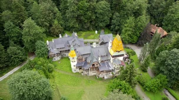 ルーマニアのペリソール城の空中ドローンビュー カルパティアの庭のある城 その周りの緑豊かな森 — ストック動画