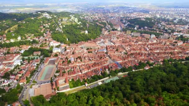 Aerial Drone View Brasov Sunset Romania Old City Centre Buildings — Stockvideo