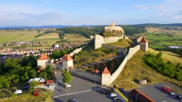 Aerial Drone View Rupea Fortress Sunset Romania Citadel Located Cliff — Vídeo de stock