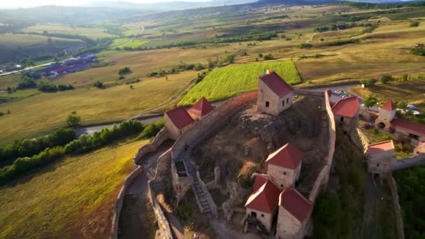 Vue Aérienne Par Drone Forteresse Rupea Coucher Soleil Roumanie Citadelle — Video