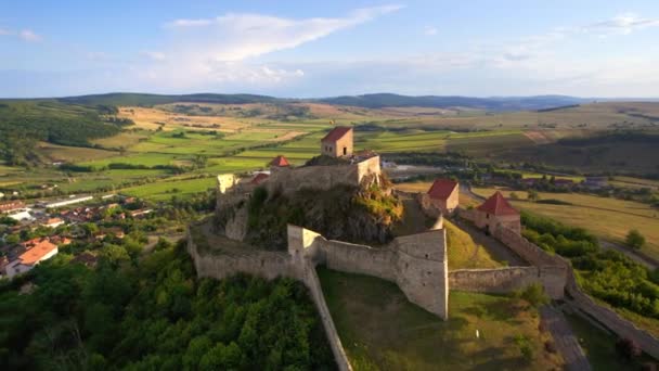 Aerial Drone View Rupea Fortress Sunset Romania Citadel Located Cliff — Stockvideo