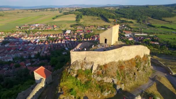 Aerial Drone View Rupea Fortress Sunset Romania Citadel Located Cliff — стоковое видео