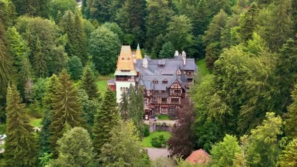 Drohnenaufnahme Des Schlosses Pelisor Rumänien Schloss Mit Garten Den Karpaten — Stockvideo