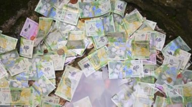 A lot of banknotes lying at the bottom of the well in Bran castle, Romania
