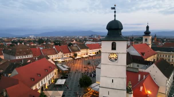 Vue Aérienne Par Drone Centre Historique Sibiu Coucher Soleil Roumanie — Video