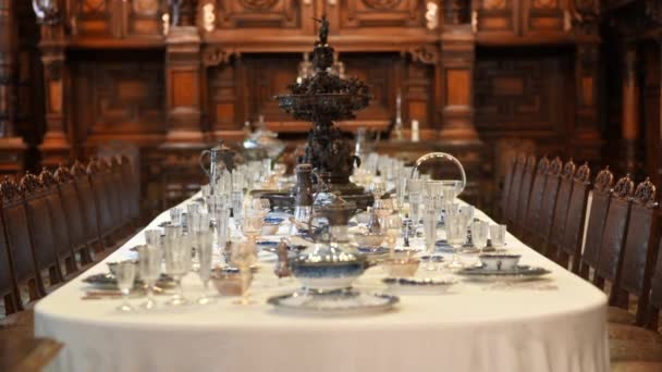 Peles Castle Interior Romania Dining Room Set Table Classic Design — Stockvideo