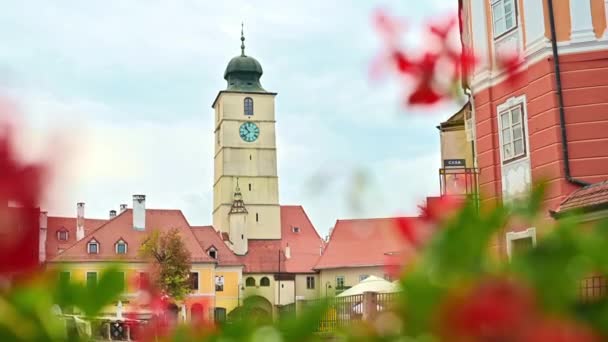 Sinaia Rumunia Sierpień 2022 Widok Historyczne Centrum Sibiu Ulica Wieżą — Wideo stockowe