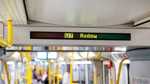 Interior of an underground train in Berlin, Germany. Digital screen showing information