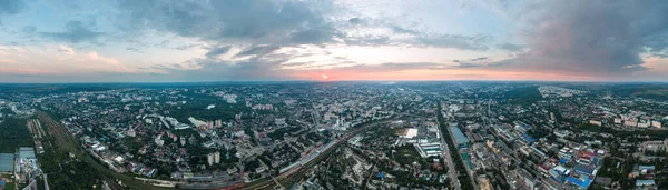 Aerial drone panoramic view of Chisinau downtown, Moldova. View of Central Park, Cathedral, lake and a lot of greenery, buildings