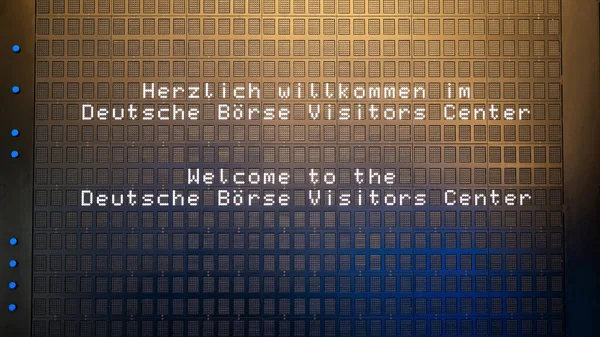 Close View Digital Panel Showing Greeting German Stock Exchange Frankfurt — Foto Stock