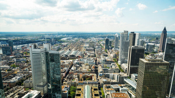 Panoramic view of Frankfurt from a skyscraper, Germany. Multiple residential and office buildings, skyscrapers
