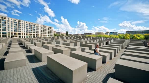 2022年9月 欧洲被谋杀犹太人纪念碑的观点 成排的矩形混凝土砌块 中间有狭窄的小巷 供人行走 — 图库视频影像