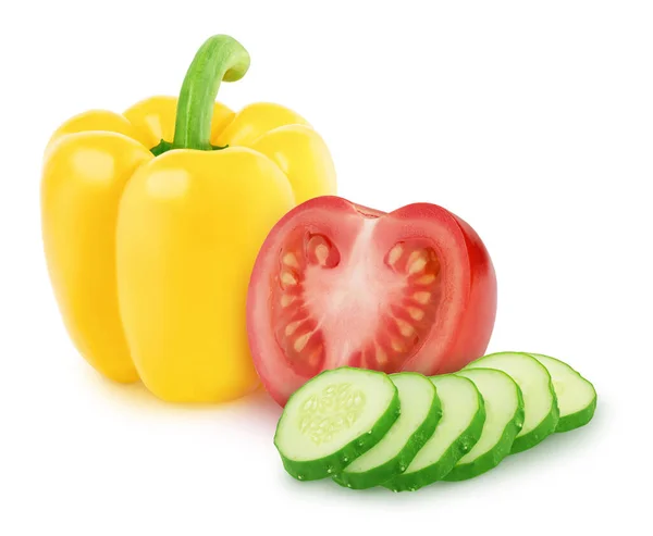Plantaardige samenstelling: tomaat, komkommer en peper op een witte ondergrond. Stockfoto