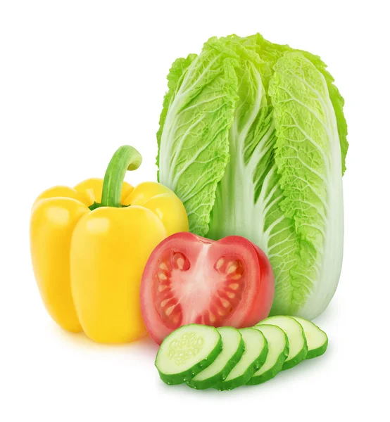 野菜成分:トマト、キュウリ、コショウ、白地に白菜. — ストック写真