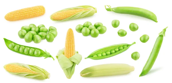 Gran juego de mazorcas de maíz fresco con guisante verde aislado sobre un fondo blanco. —  Fotos de Stock