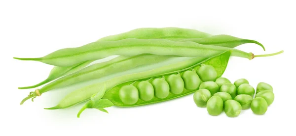 Összetétel fehér alapon izolált zöldbabos borsóhéjjal. Stock Fotó