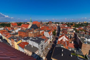 Sıcak bir yaz günü yukarıdan eski Torun kasabası ve Vistula nehri manzarası. Binaların kırmızı tuğlalı çatılarının manzarası.