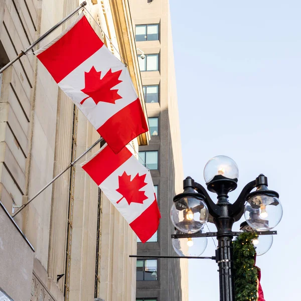 Canadian flags on building in downtown district of Ottawa in Canada — Foto de Stock