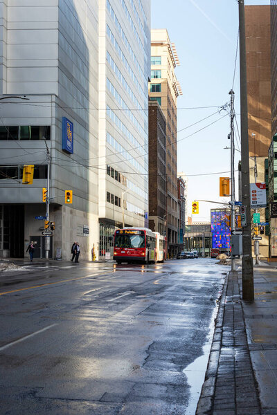 Ottawa, Canada - December 16, 2021: Public bus stop in downtown of the city