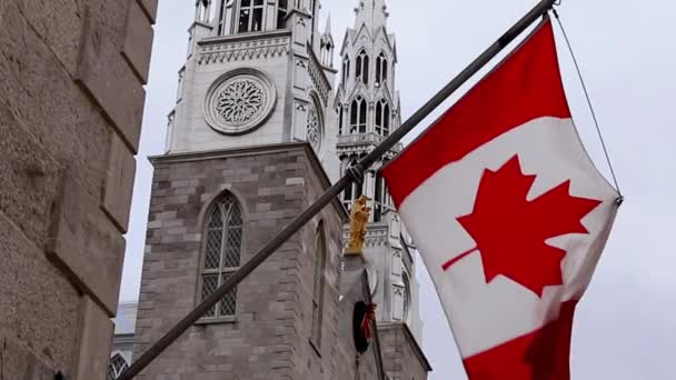 Kanadische Flagge vor der Basilika Notre-Dame in Ottawa, Kanada — Stockvideo
