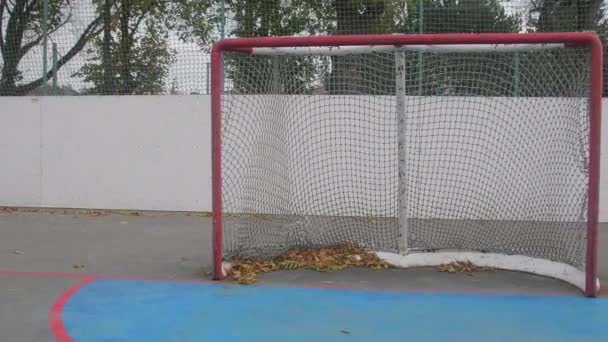 Abandoned hockey goal in fall. Concept of finished field hockey season — Stock Video