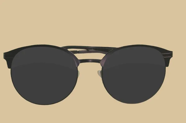 Sunglasses. Black sunglasses, close-up. Sun glasses. Old style sunglasses. Glasses with dark lenses. Vintage sun glasses on soybean color background. Close up of worn out sunglasses. Horizonatal image — 图库照片