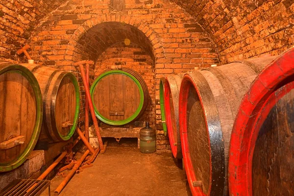 Egy hordó bor egy borospincében, egy ősi borospince boltozott téglafedéllel. Hagyományos borkészítés — Stock Fotó