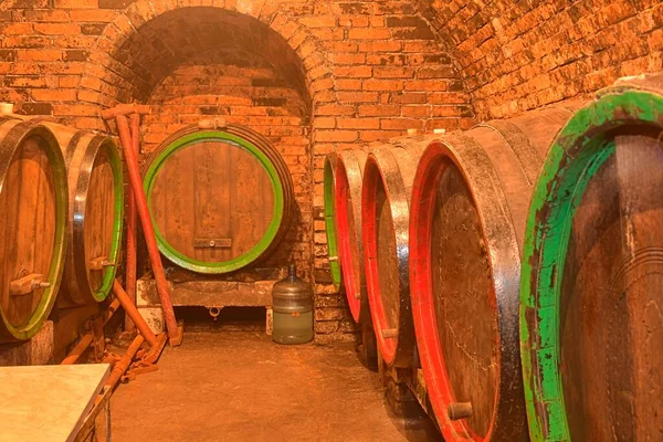 Old cellar with bottles and barrels under castle making wine — стоковое фото