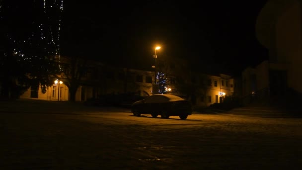 Noel ağaçlarında çelenk lambaları. Yılbaşı arifesinde sokaklardaki köknar ağaçlarının aydınlatılması. Kış gecesi. Karlı ladin dalları — Stok video