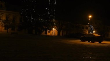 Noel ağaçlarında çelenk lambaları. Yılbaşı arifesinde sokaklardaki köknar ağaçlarının aydınlatılması. Kış gecesi. Karlı ladin dalları