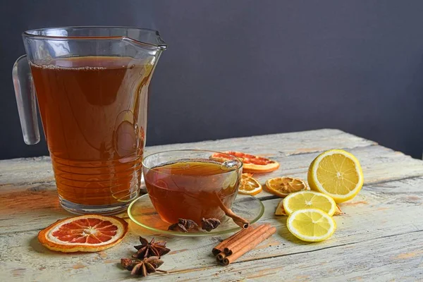 Glass Cup Black Tea Cinnamon Sticks Anise Star Lemon Dried — Photo