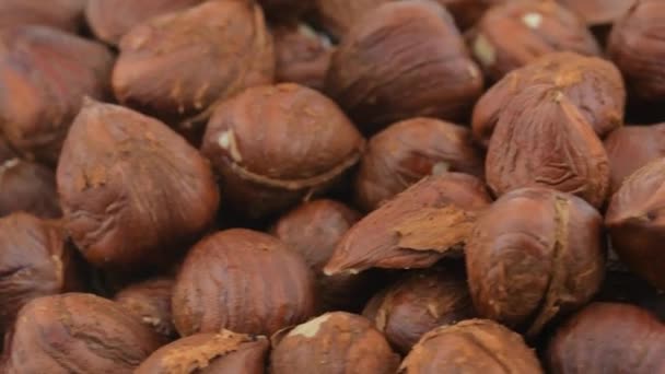 Peeled hazelnuts pattern, top view. Hazelnuts background on rotating slate tray — Stock Video