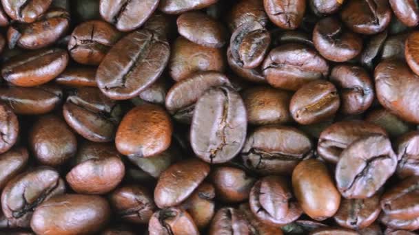 Caffè italiano, cibo biologico. Primo piano di semi di caffè. I chicchi di caffè profumati sono tostati. Macro sparato — Video Stock