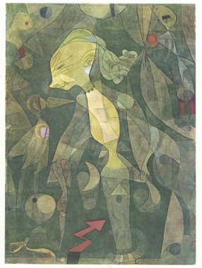 Bir Genç Bayan Macerası, 1922, kağıt üzerinde suluboya. Paul Klee 'nin tablosu. Paul Klee (18 Aralık 1879 - 29 Haziran 1940), İsviçreli ressam. Son derece bireysel tarzı sanattaki dışavurumculuğu da içeren hareketlerden etkilenmişti..