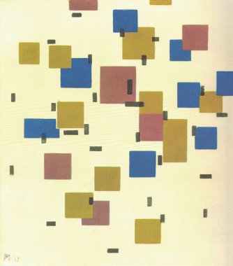 Renkli kompozisyon. Piet Mondrian (Pieter Mondrian) 1917. Tuval üzerine yağ. Piet Mondrian (7 Mart 1872 - 1 Şubat 1944), Hollandalı ressam. İlk tabloları post-empresyonist ve küplerdeki soyut manzaraları gösteriyor.