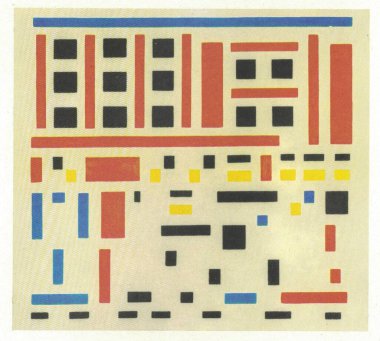 Kompozisyon 1917, hayır. 4 (fabrikadan ayrılır), 1917, tuval üzerinde yağ. Bart Van der Leck 'in tablosu. Fabrikada zaman geçirmek, büyük bir grup işçinin fabrikadan ayrılıp sokağa dökülmesi, onu büyüleyen bir tema..