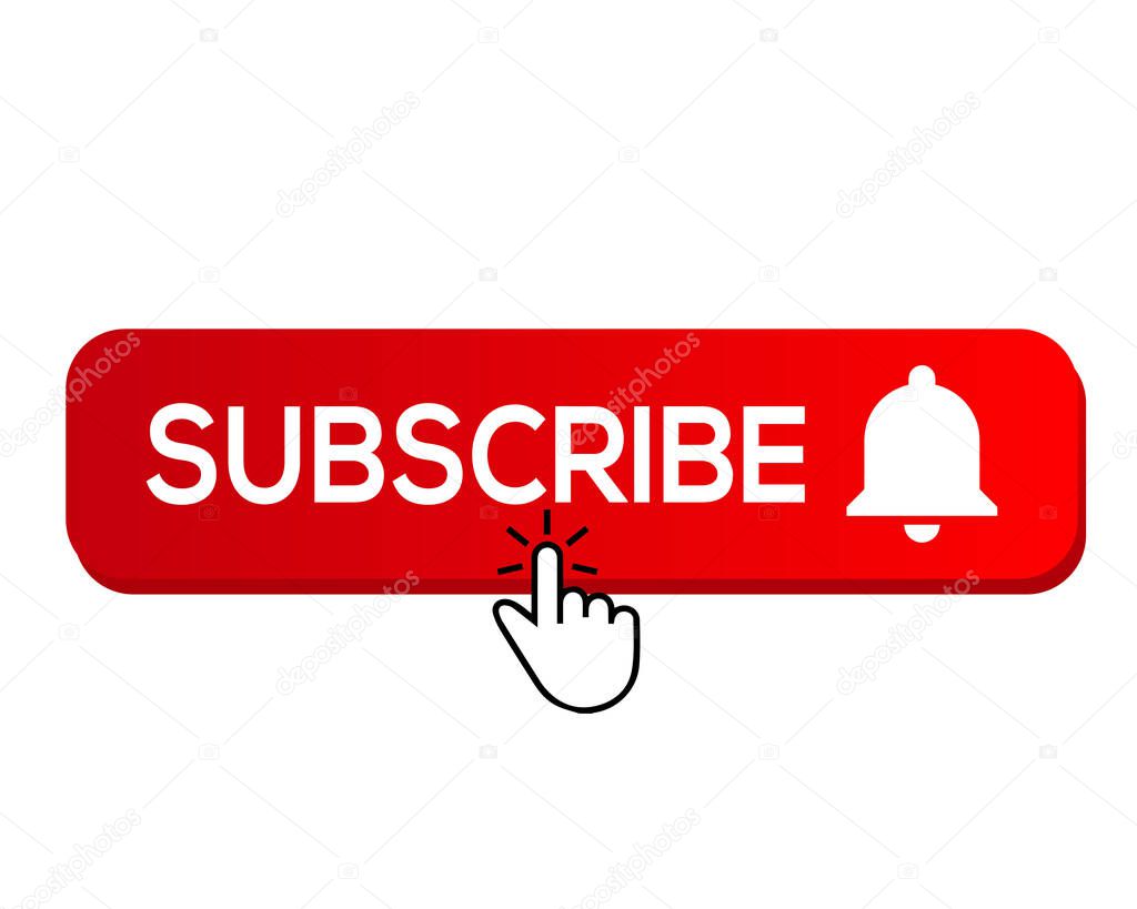 Subscribe, bell button and hand cursor. Red button subscribe to channel, blog. Social media background. Marketing. Vector illustration.