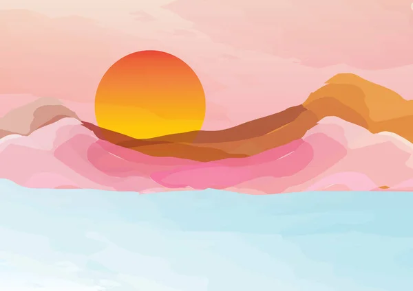 바다의 파도와 분홍빛 산으로 둘러싸여 것처럼 보이거나 것처럼 보이거나 — 스톡 벡터